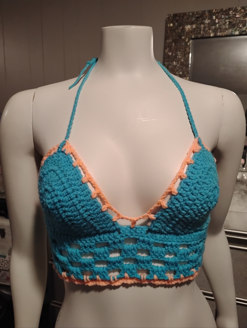 Handmade Crochet Halter Bralette - Teal & Peach